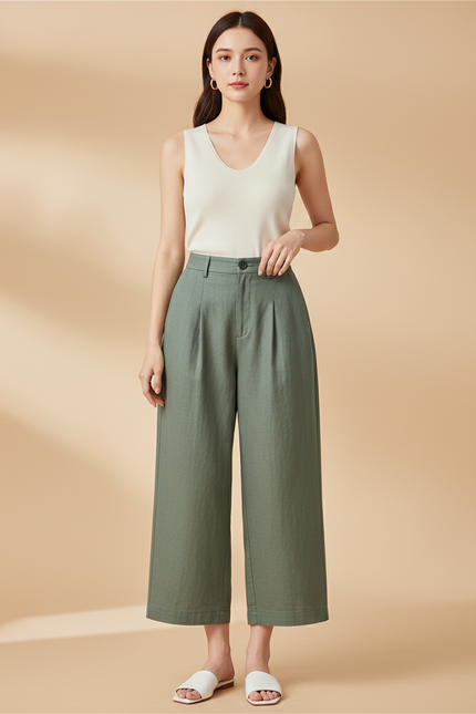 Pantalon Baggy Vert Kaki Ample Décontracté Fluide Coton - Lin