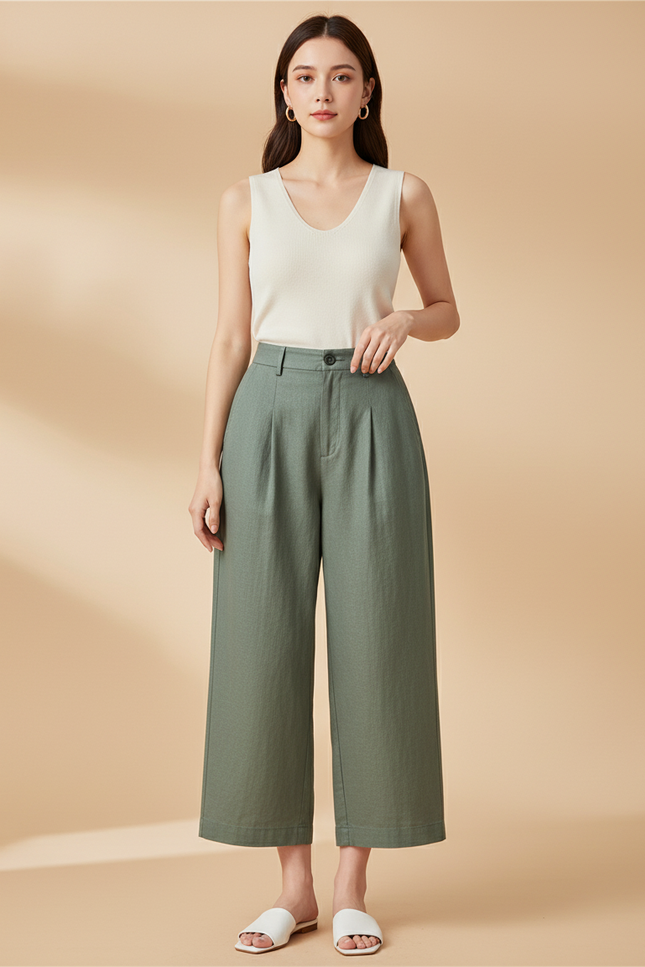 Pantalon Baggy Vert Kaki Ample Décontracté Fluide Coton - Lin