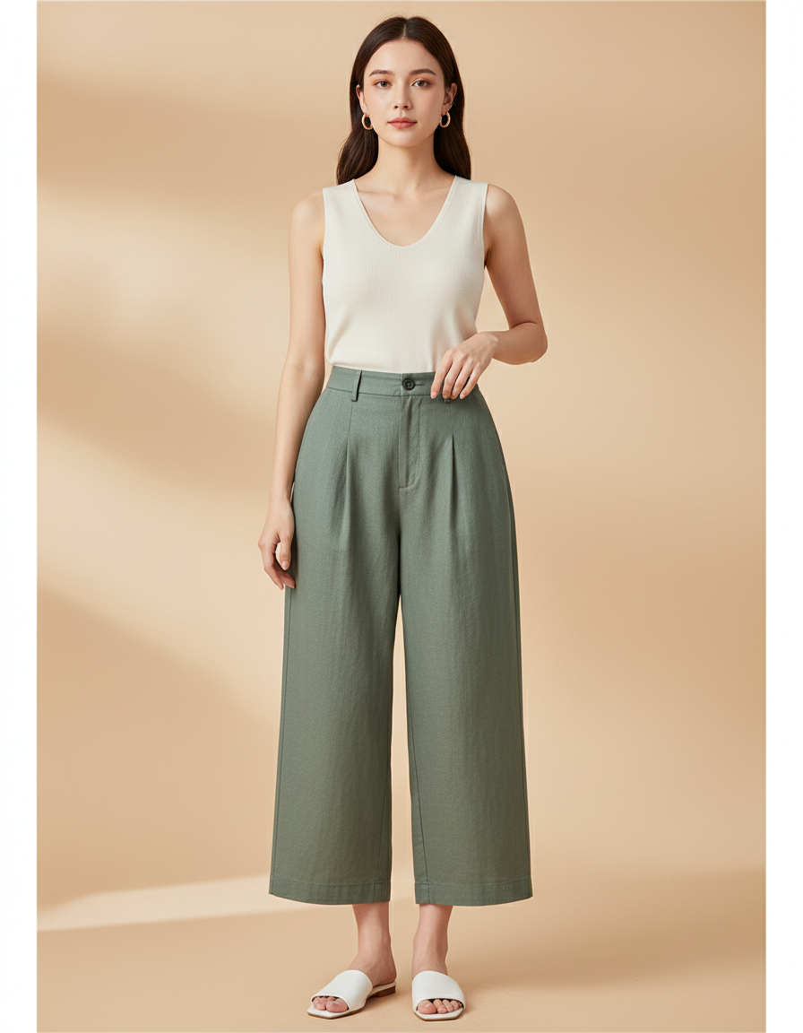 Pantalon Baggy Vert Kaki Ample Décontracté Fluide Coton - Lin