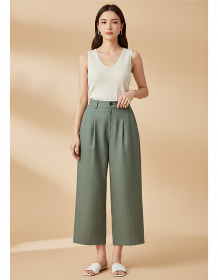 Pantalon Baggy Vert Kaki Ample Décontracté Fluide Coton - Lin