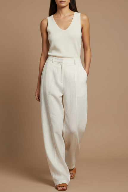 Pantalon Baggy Crème Lin Ample Droit Élégant - Beige