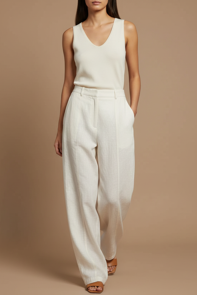 Pantalon Baggy Crème Lin Ample Droit Élégant - Beige