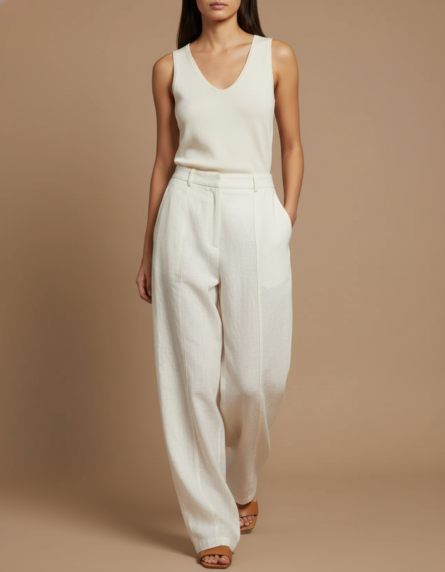 Pantalon Baggy Crème Lin Ample Droit Élégant - Beige