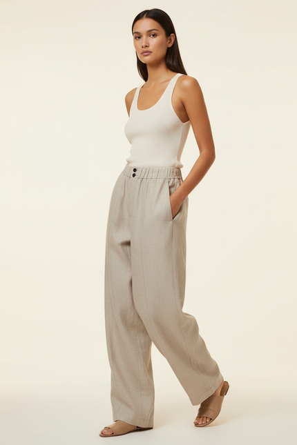 Pantalon Baggy Beige Tissé Ample Confortable Femme - Lin