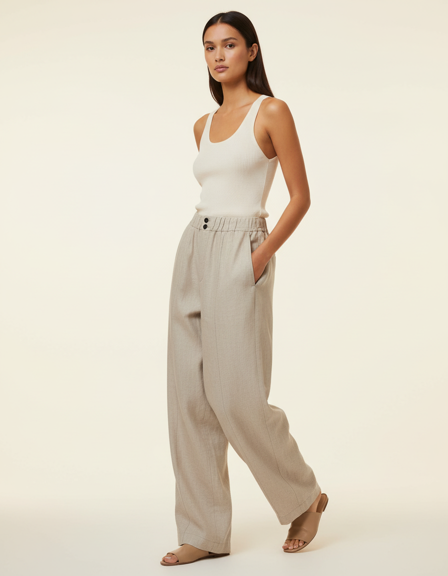 Pantalon Baggy Beige Tissé Ample Confortable Femme - Lin