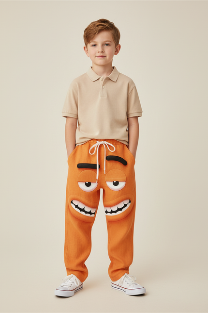 Pantalon Baggy Orange Imprimé Visage Ample Cordon - Lin