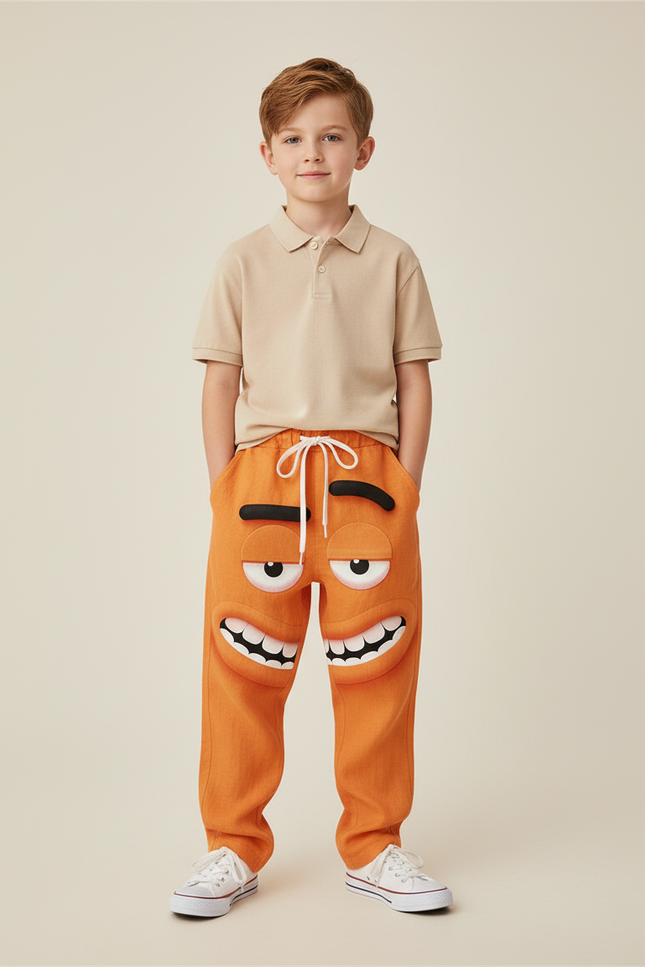 Pantalon Baggy Orange Imprimé Visage Ample Cordon - Lin