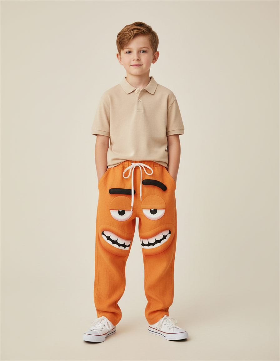 Pantalon Baggy Orange Imprimé Visage Ample Cordon - Lin