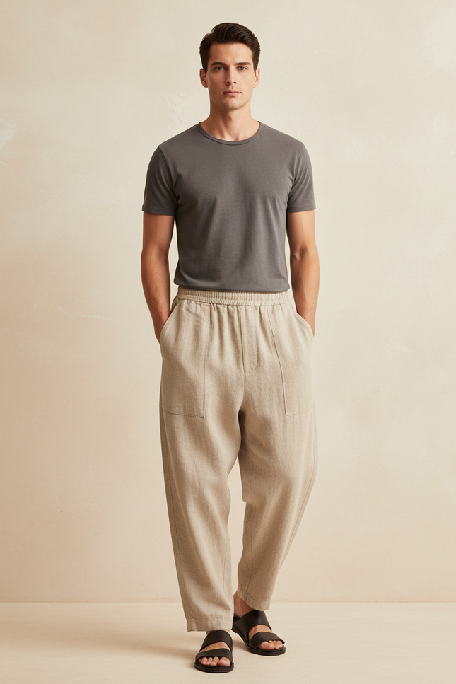 Pantalon Baggy Beige Lin Ample Décontracté Jogging