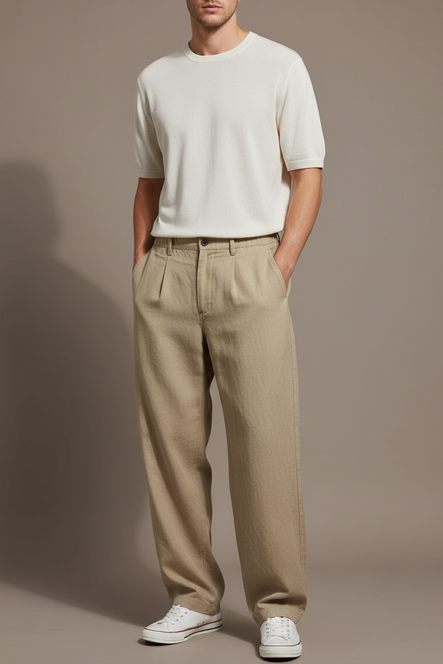 Pantalon Baggy Beige Ample Plissé Décontracté - Lin