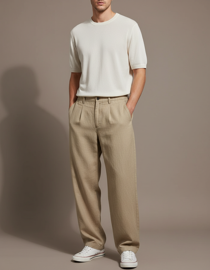 Pantalon Baggy Beige Ample Plissé Décontracté - Lin