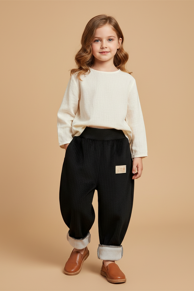 Pantalon Baggy Noir Côtelé Ample Doublé Chaud Enfant - Cordé