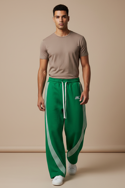 Pantalon Baggy Vert Rayures Blanches Ample Cordon - Molleton
