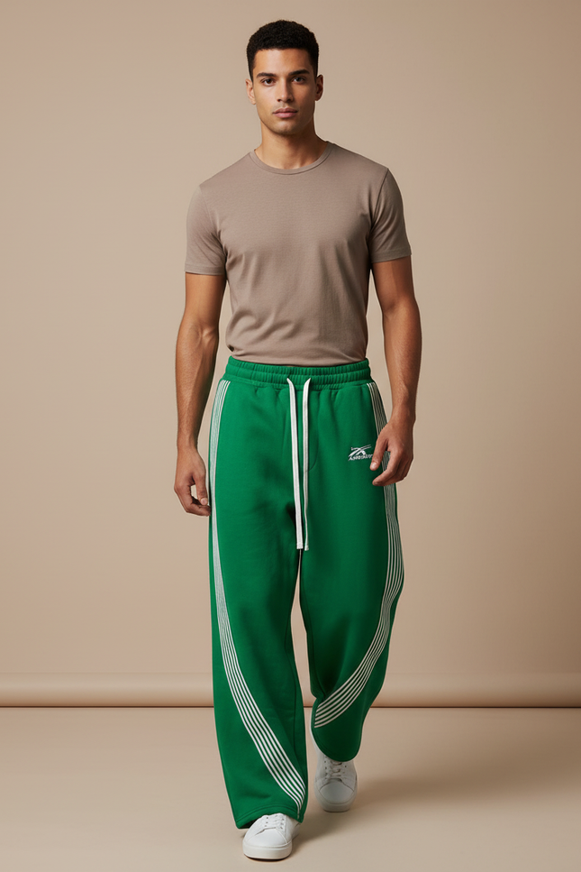 Pantalon Baggy Vert Rayures Blanches Ample Cordon - Molleton