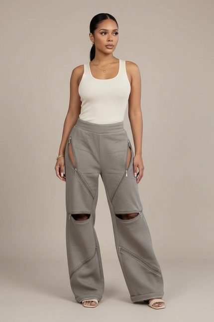 Pantalon Baggy Gris Zippé Ouvert Décontracté Ample - Molleton