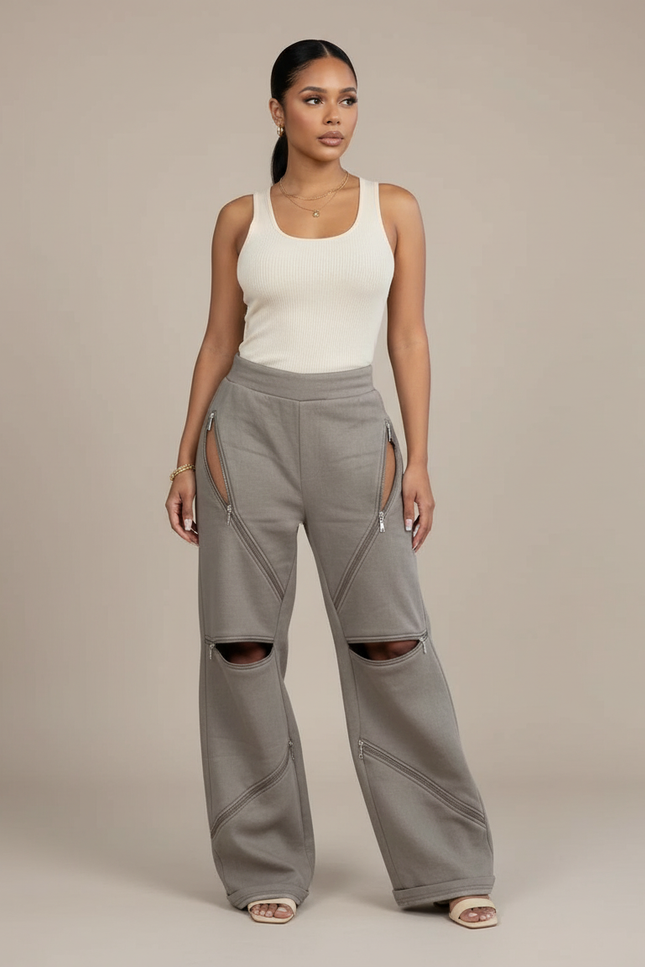 Pantalon Baggy Gris Zippé Ouvert Décontracté Ample - Molleton