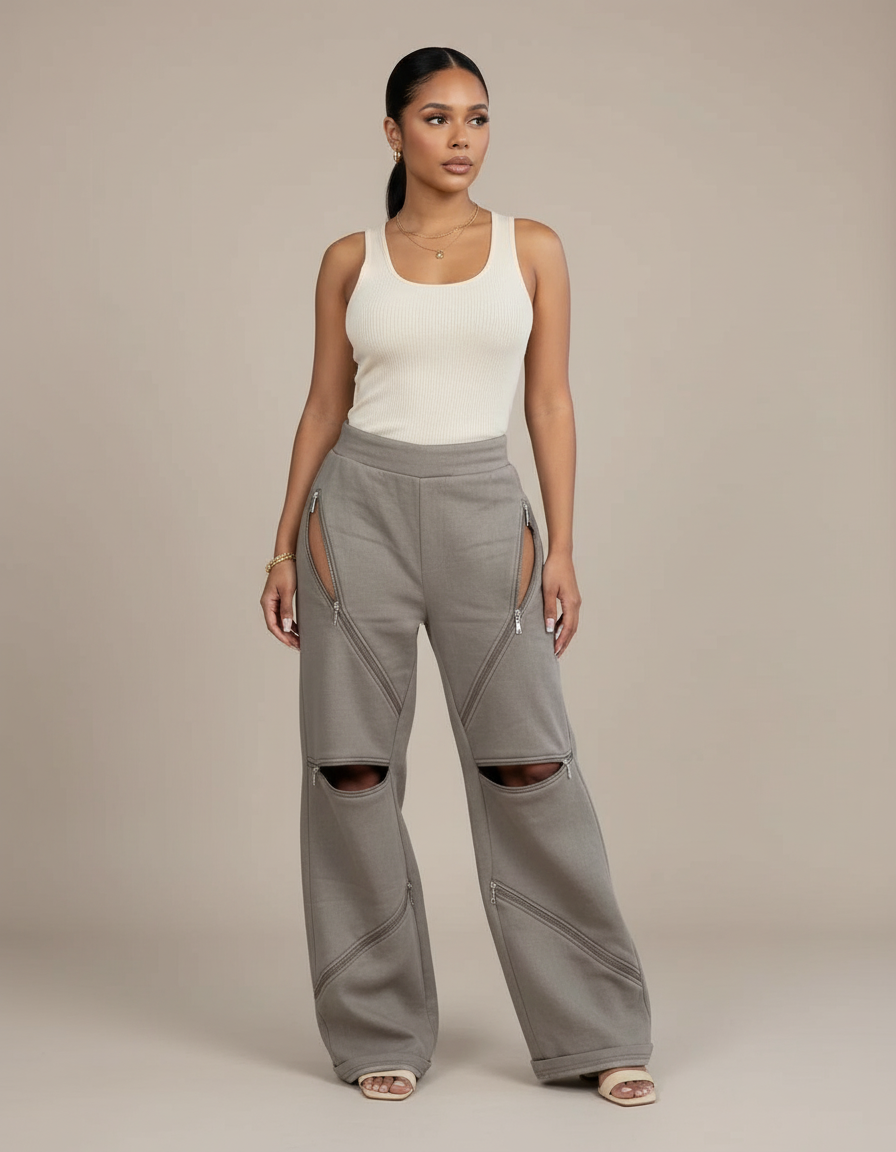 Pantalon Baggy Gris Zippé Ouvert Décontracté Ample - Molleton