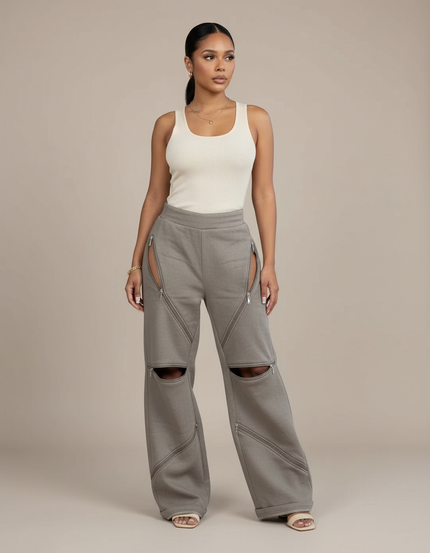 Pantalon Baggy Gris Zippé Ouvert Décontracté Ample - Molleton