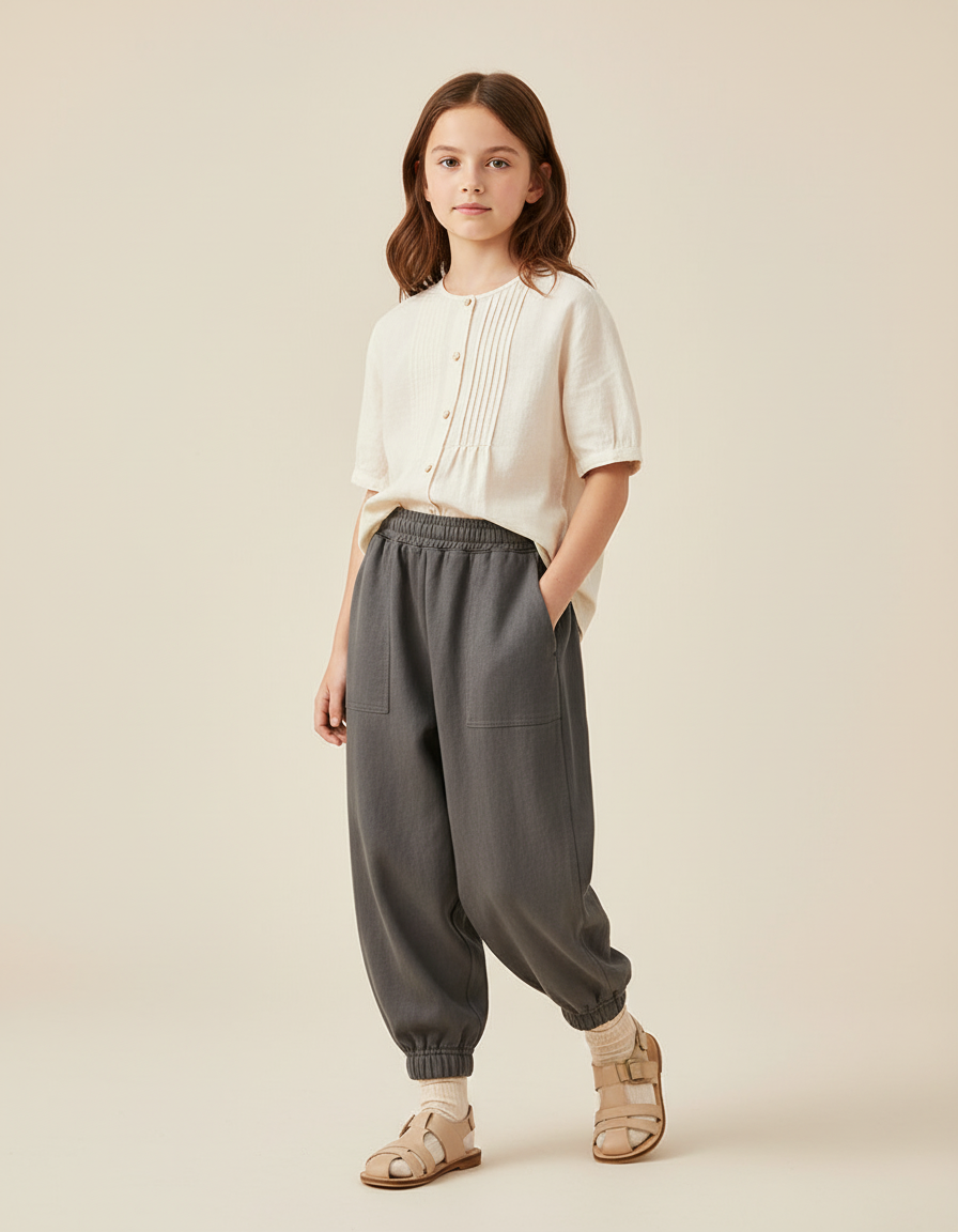 Pantalon Baggy Gris Ample Taille Élastique Enfant - Molleton