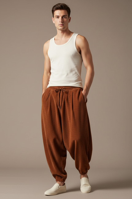 Pantalon Baggy Côtelé Marron Ample Décontracté Homme - Cordé