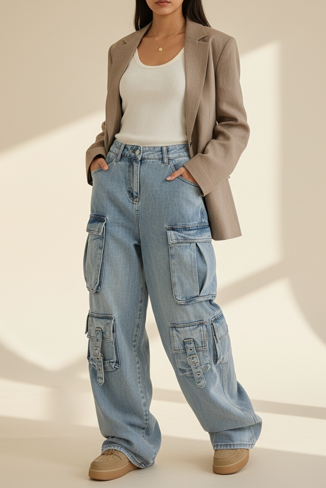 Pantalon Baggy Jean Bleu Clair Multi-Poches Cargo Femme