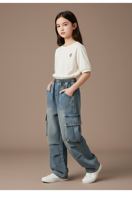 Pantalon Baggy Jean Bleu Clair Cargo Ample Enfant