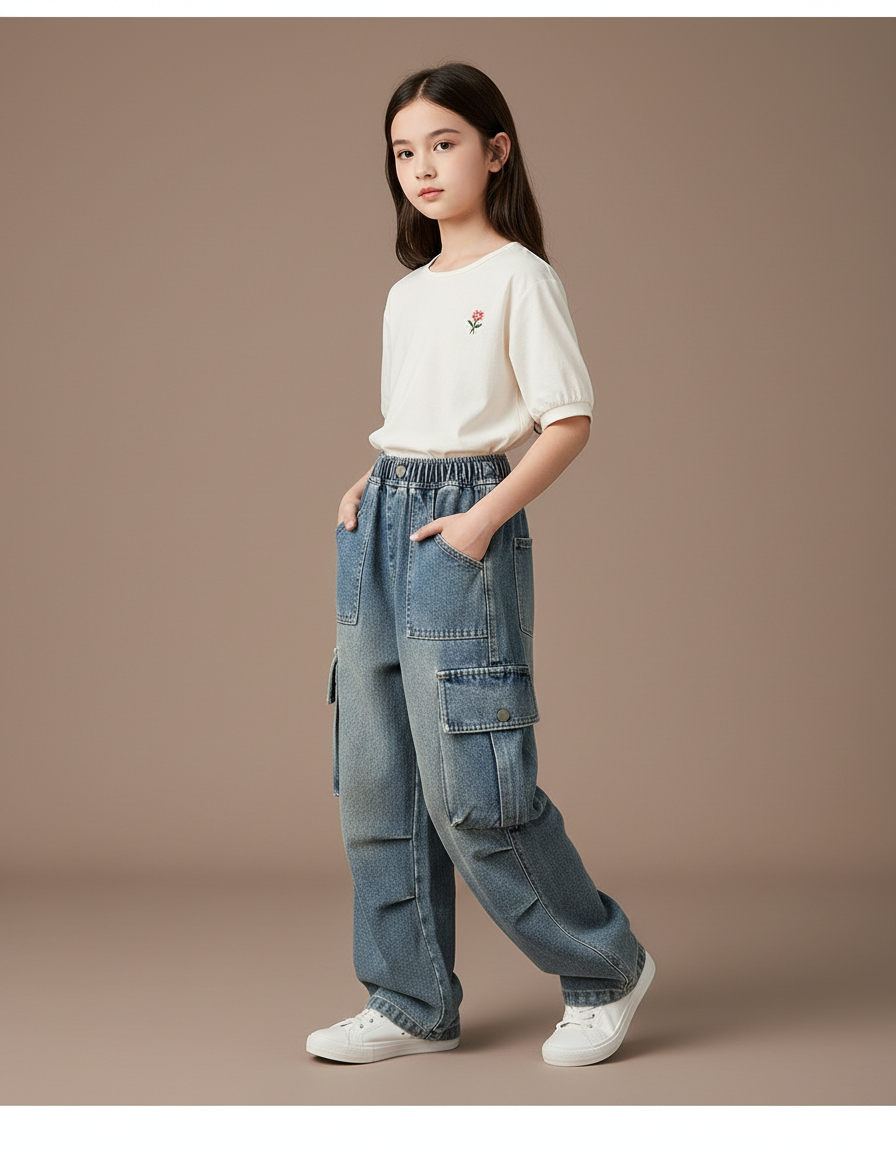 Pantalon Baggy Jean Bleu Clair Cargo Ample Enfant