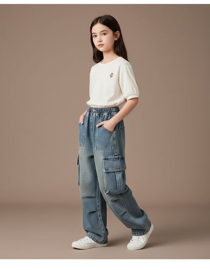 Pantalon Baggy Jean Bleu Clair Cargo Ample Enfant