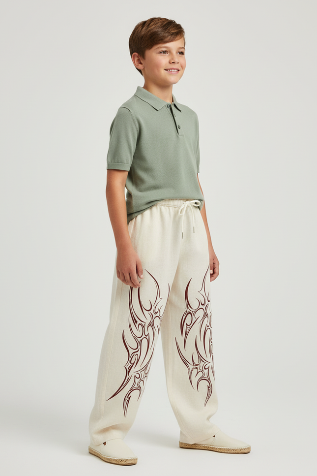 Pantalon Baggy Écru Ample Tribal Lin Enfant - Beige