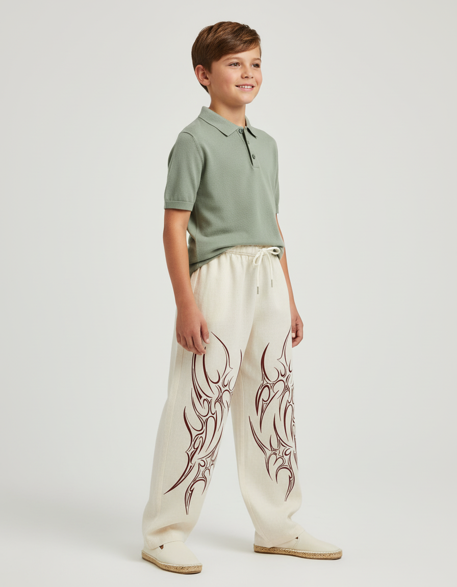 Pantalon Baggy Écru Ample Tribal Lin Enfant - Beige