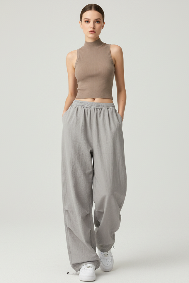 Pantalon Baggy Gris Ample Fluide Cordon Streetwear Femme - Polyester