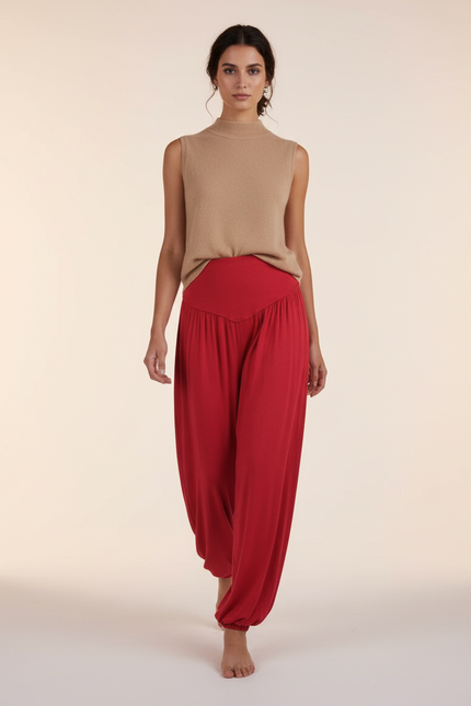 Pantalon Baggy Rouge Fluide Taille Haute Confortable - Viscose