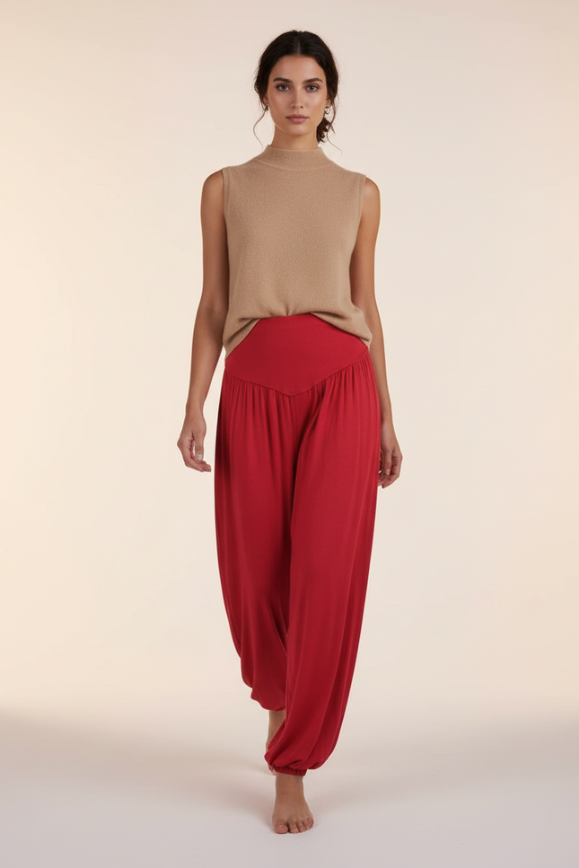 Pantalon Baggy Rouge Fluide Taille Haute Confortable - Viscose