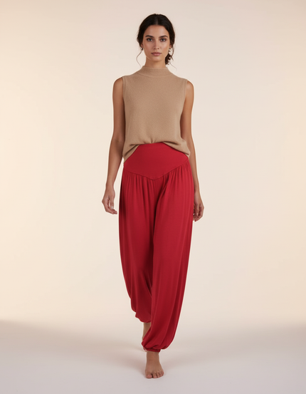 Pantalon Baggy Rouge Fluide Taille Haute Confortable - Viscose
