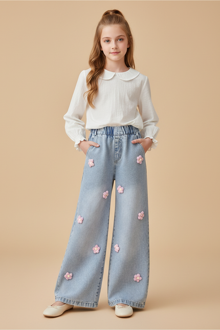 Pantalon Baggy Jean Bleu Fleurs Ample Fille