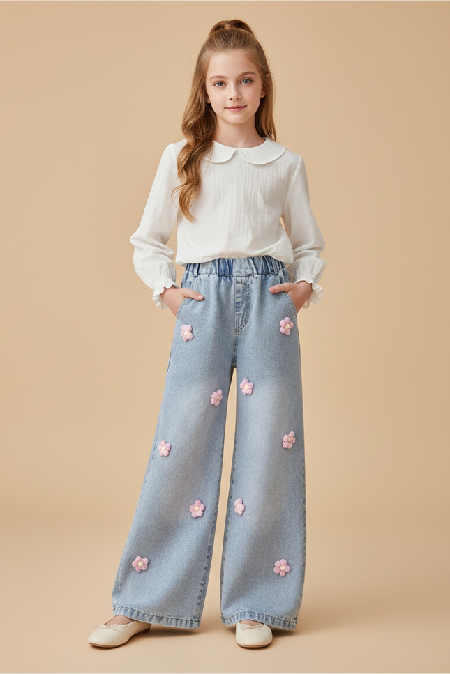 Pantalon Baggy Jean Bleu Fleurs Ample Fille