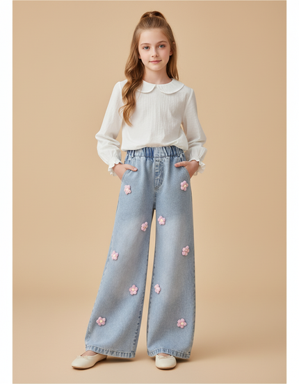Pantalon Baggy Jean Bleu Fleurs Ample Fille