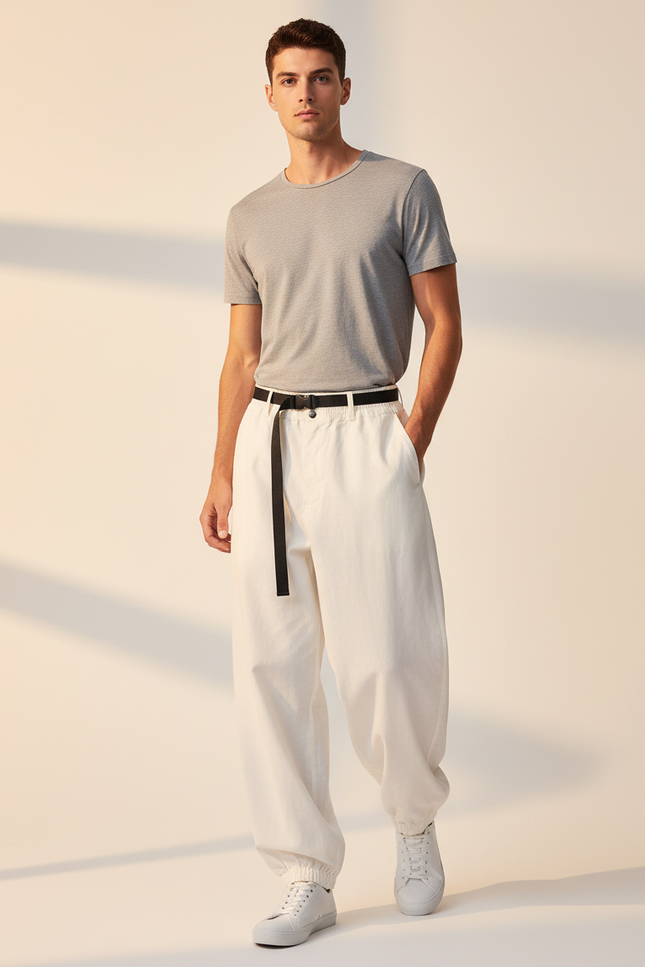Pantalon Baggy Blanc Cassé Ample Coton Ceinturé - Beige
