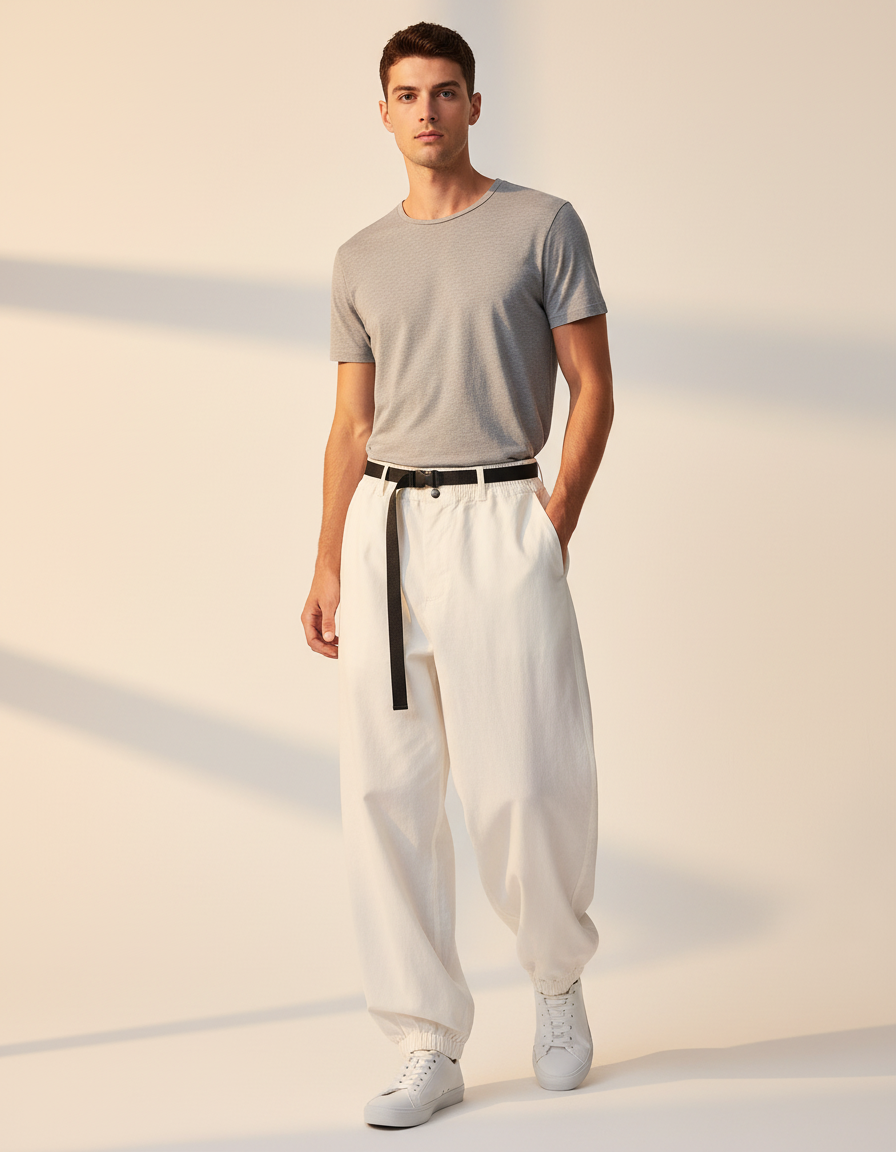 Pantalon Baggy Blanc Cassé Ample Coton Ceinturé - Beige