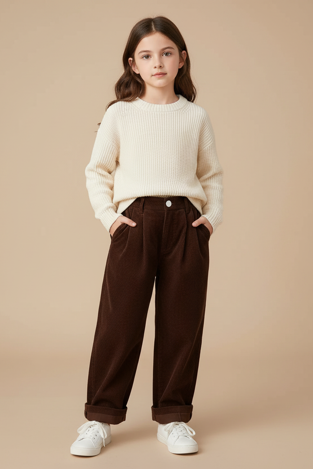 Pantalon Baggy Marron Côtelé Ample Décontracté Plissé - Cordé
