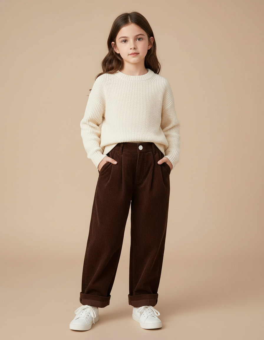 Pantalon Baggy Marron Côtelé Ample Décontracté Plissé - Cordé