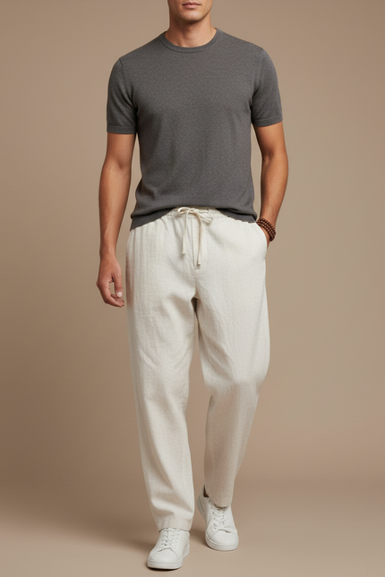 Pantalon Baggy Beige Lin Ample Cordon Décontracté Homme