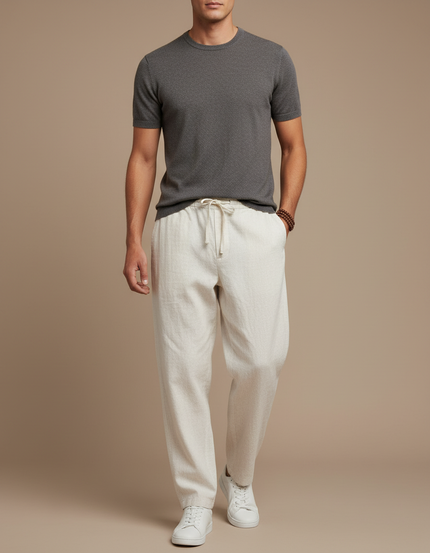Pantalon Baggy Beige Lin Ample Cordon Décontracté Homme