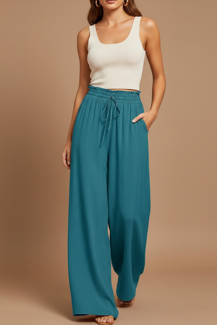 Pantalon Baggy Fluide Vert Émeraude Taille Haute Femme - Viscose