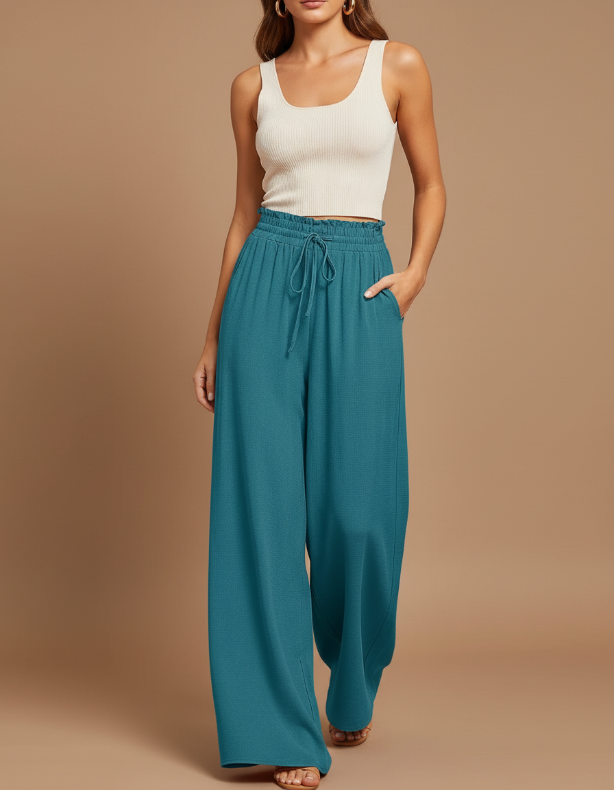 Pantalon Baggy Fluide Vert Émeraude Taille Haute Femme - Viscose