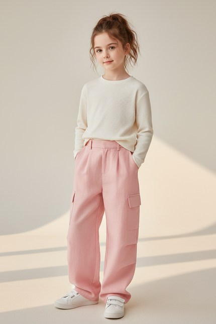 Pantalon Baggy Rose Cargo Ample Lin Fille