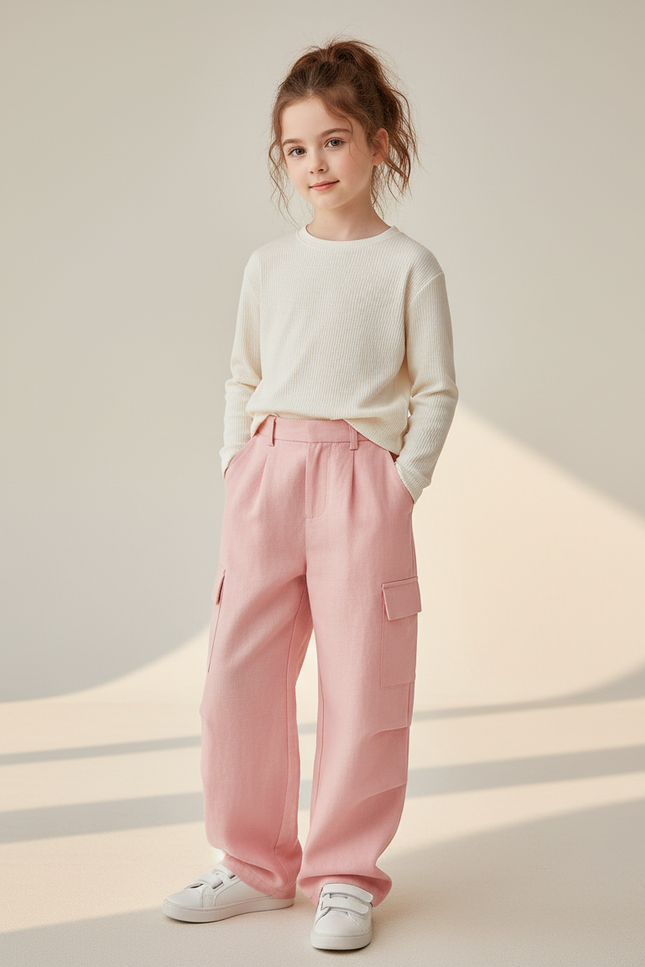 Pantalon Baggy Rose Cargo Ample Lin Fille