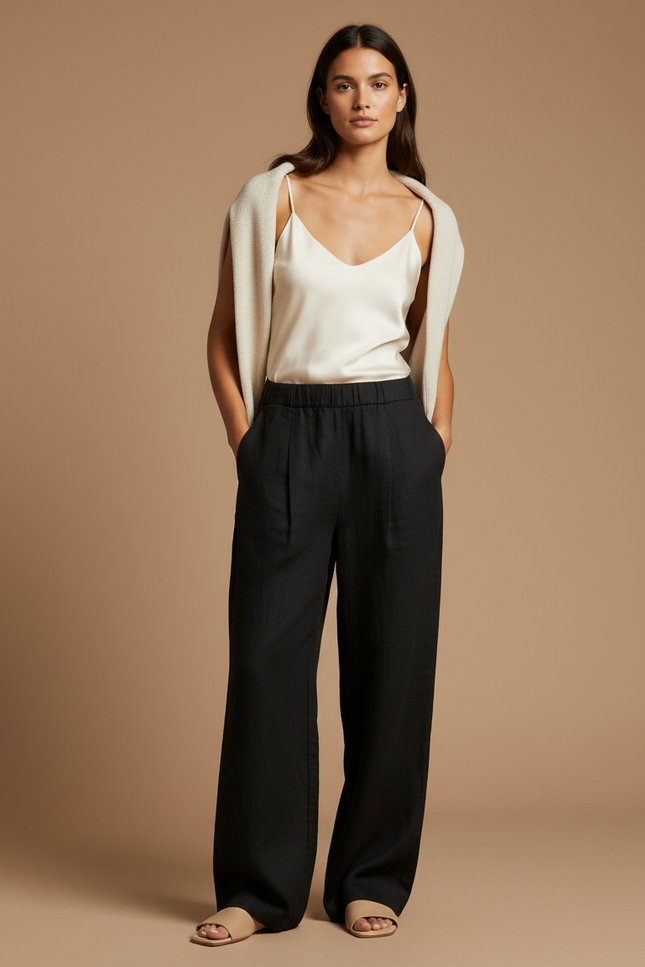 Pantalon Baggy Noir Lin Ample Élégant Femme