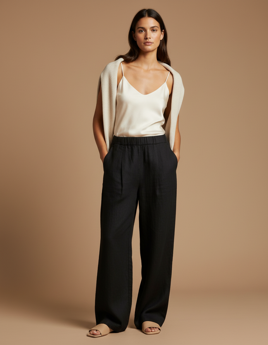 Pantalon Baggy Noir Lin Ample Élégant Femme