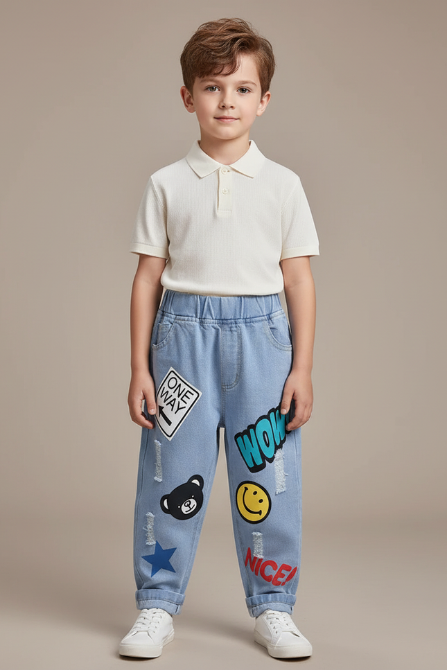 Pantalon Baggy Jean Bleu Décontracté Ample Imprimé Garçon
